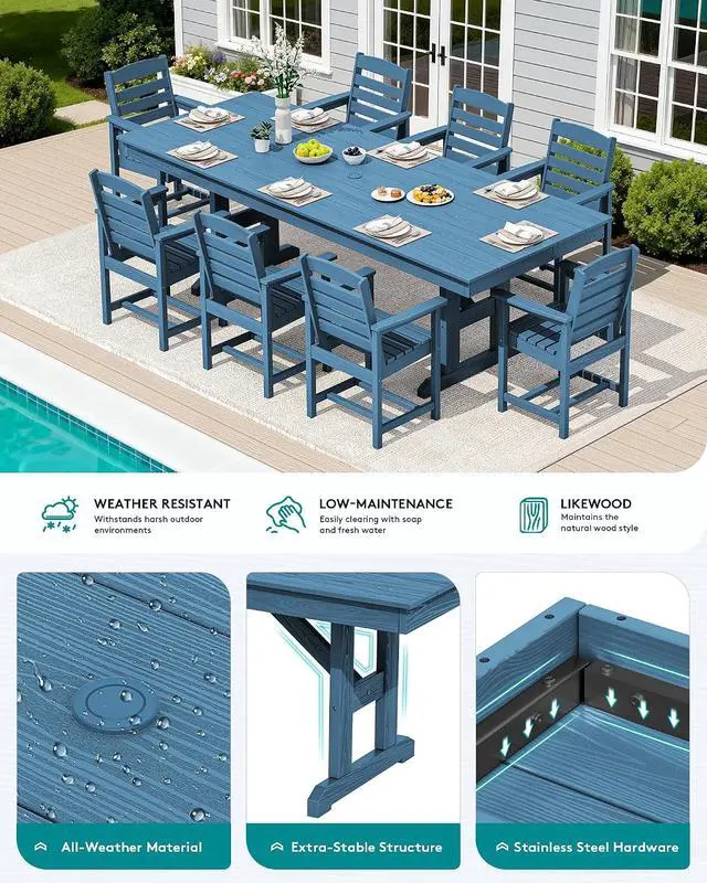 Alt view image 3 of 7 - Outdoor Dining Table, 84" Rectangular Dining Table for 6-8 Person, All Weather HDPE Outdoor Furniture for Backyard, Garden, Blue