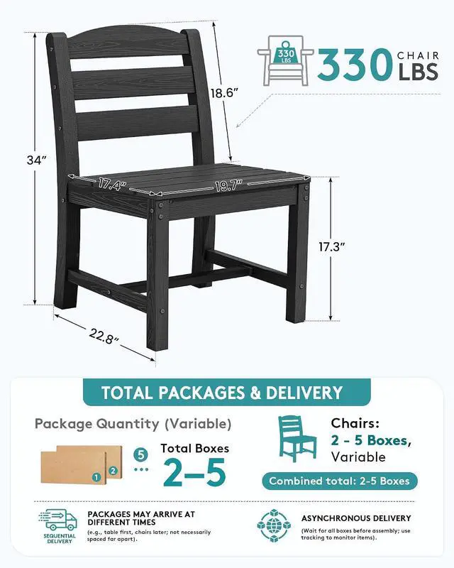 Alt view image 2 of 7 - Outdoor Armless Dining Chairs Set of 2, All-Weather HDPE Patio Chair with 19.7" Widened Seat, for Backyard, Garden, Black