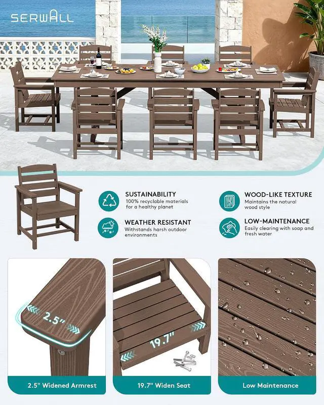 Alt view image 5 of 7 - 10 Piece Outdoor Dining Set with 15ft Triple-Head Foldable Umbrella(Based not Included), 84" HDPE Outdoor Table and Chairs for 8, Brown