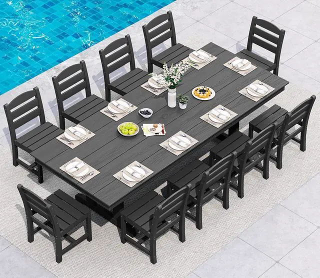 Alt view image 7 of 7 - Outdoor Armless Dining Chairs Set of 4, All-Weather HDPE Patio Chair with 19.7" Widened Seat, for Backyard, Garden, Black