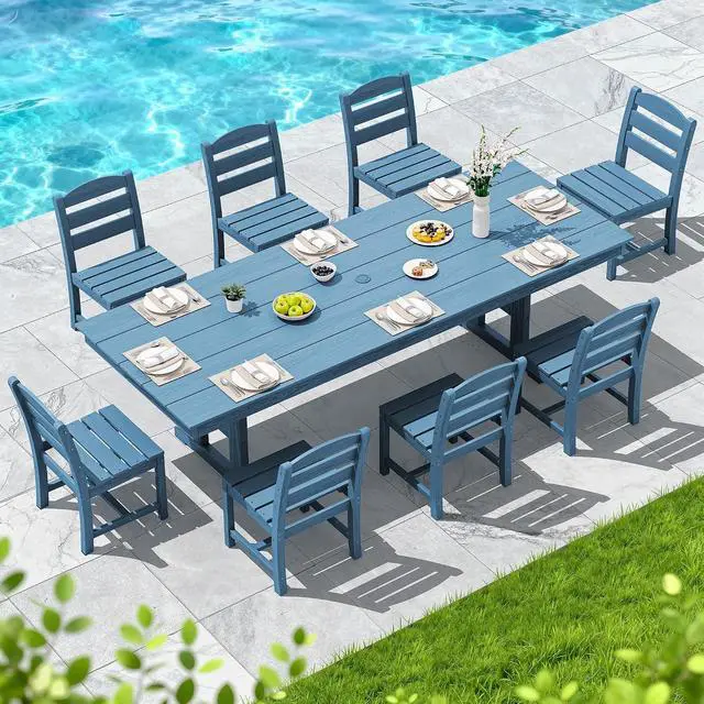 Alt view image 5 of 7 - Outdoor Armless Dining Chairs Set of 2, All-Weather HDPE Patio Chair with 19.7" Widened Seat, for Backyard, Garden, Blue