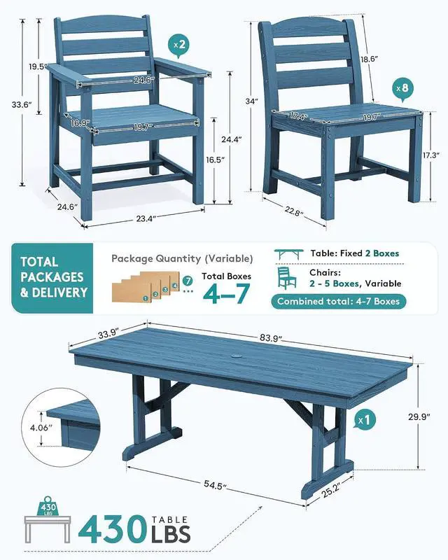 Alt view image 2 of 7 - 9 Piece Outdoor Dining Set, 84" HDPE Outdoor Table with 6 Armless Chairs and 2 Armchairs All Weather Patio Dining Furniture Set with Umbrella Hole for Backyard, Garden, Blue