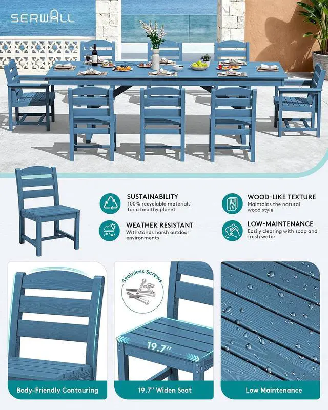 Alt view image 3 of 7 - 9 Piece Outdoor Dining Set, 84" HDPE Outdoor Table with 6 Armless Chairs and 2 Armchairs All Weather Patio Dining Furniture Set with Umbrella Hole for Backyard, Garden, Blue