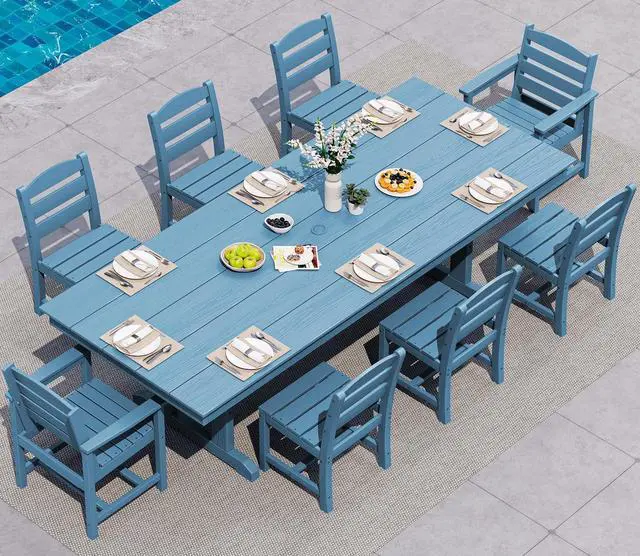 Main image of 9 Piece Outdoor Dining Set, 84" HDPE Outdoor Table with 6 Armless Chairs and 2 Armchairs All Weather Patio Dining Furniture Set with Umbrella Hole for Backyard, Garden, Blue