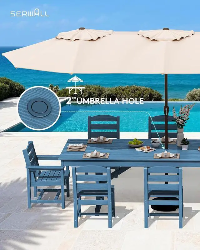 Alt view image 5 of 7 - 9 Piece Outdoor Dining Set, 84" HDPE Outdoor Table with 6 Armless Chairs and 2 Armchairs All Weather Patio Dining Furniture Set with Umbrella Hole for Backyard, Garden, Blue