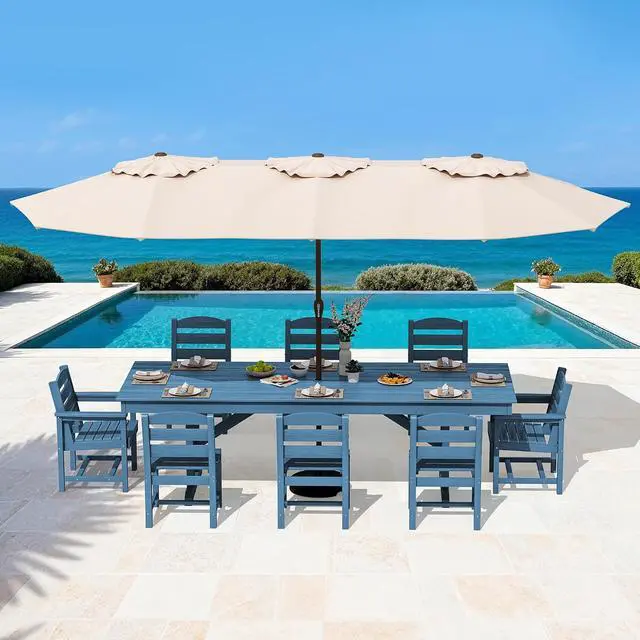 Alt view image 6 of 7 - 9 Piece Outdoor Dining Set, 84" HDPE Outdoor Table with 6 Armless Chairs and 2 Armchairs All Weather Patio Dining Furniture Set with Umbrella Hole for Backyard, Garden, Blue