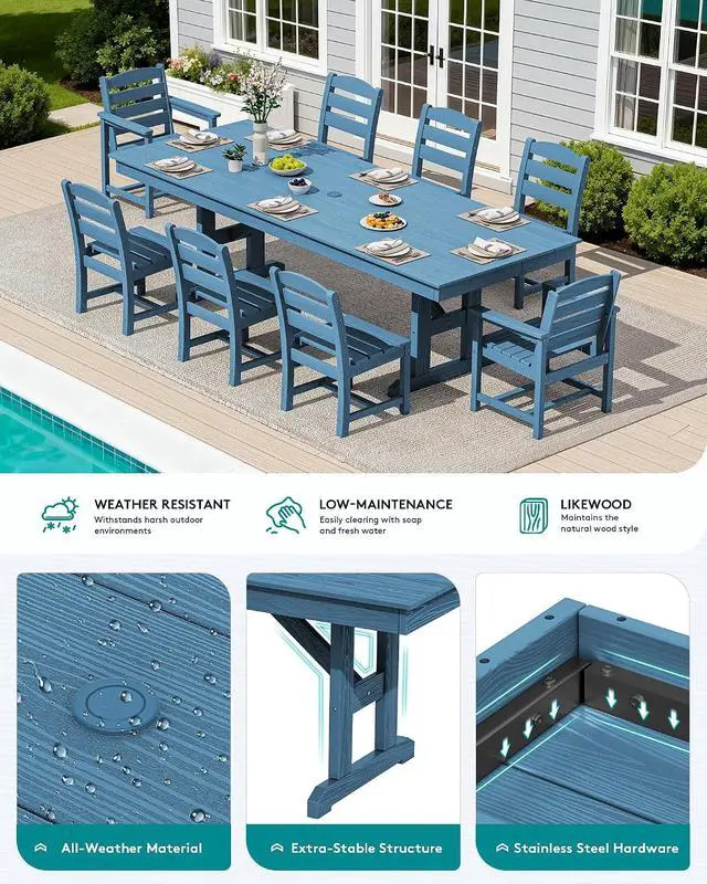 Alt view image 4 of 7 - 9 Piece Outdoor Dining Set, 84" HDPE Outdoor Table with 6 Armless Chairs and 2 Armchairs All Weather Patio Dining Furniture Set with Umbrella Hole for Backyard, Garden, Blue