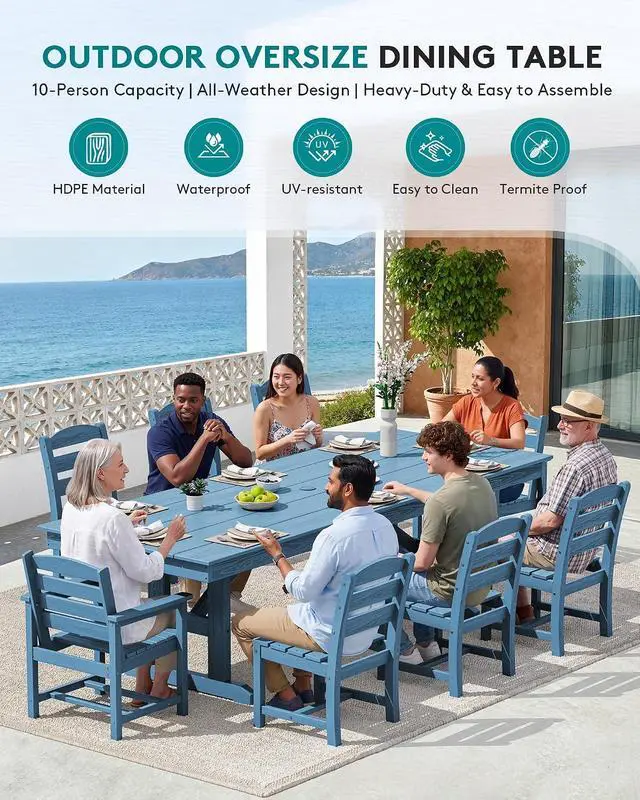 Alt view image 7 of 7 - 9 Piece Outdoor Dining Set, 84" HDPE Outdoor Table with 6 Armless Chairs and 2 Armchairs All Weather Patio Dining Furniture Set with Umbrella Hole for Backyard, Garden, Blue