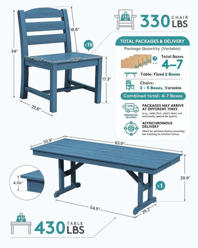 Alt view image 2 of 7 - 9 Piece Outdoor Dining Set, 84" HDPE Outdoor Table and Armless Chairs Set for 8All Weather Patio Furniture Set with Umbrella Hole for Backyard, Garden, Blue