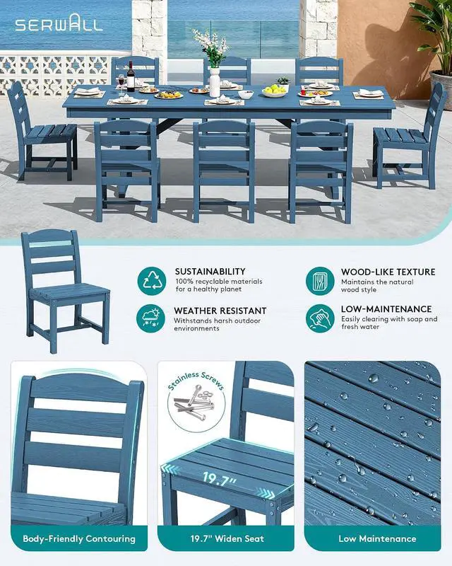 Alt view image 4 of 7 - 9 Piece Outdoor Dining Set, 84" HDPE Outdoor Table and Armless Chairs Set for 8All Weather Patio Furniture Set with Umbrella Hole for Backyard, Garden, Blue