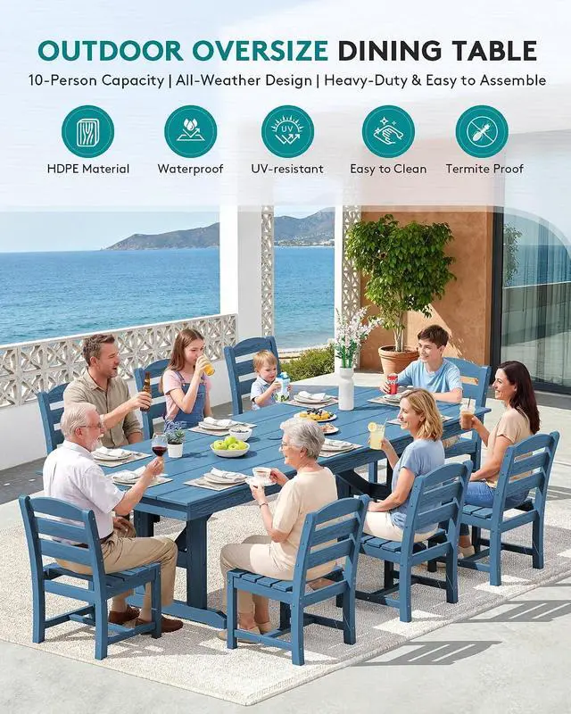 Alt view image 6 of 7 - 9 Piece Outdoor Dining Set, 84" HDPE Outdoor Table and Armless Chairs Set for 8All Weather Patio Furniture Set with Umbrella Hole for Backyard, Garden, Blue