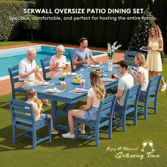Alt view image 7 of 7 - 9 Piece Outdoor Dining Set, 84" HDPE Outdoor Table and Armless Chairs Set for 8All Weather Patio Furniture Set with Umbrella Hole for Backyard, Garden, Blue