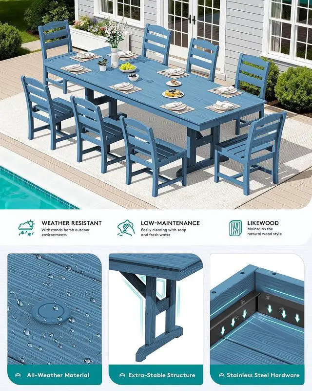 Alt view image 3 of 7 - 9 Piece Outdoor Dining Set, 84" HDPE Outdoor Table and Armless Chairs Set for 8All Weather Patio Furniture Set with Umbrella Hole for Backyard, Garden, Blue
