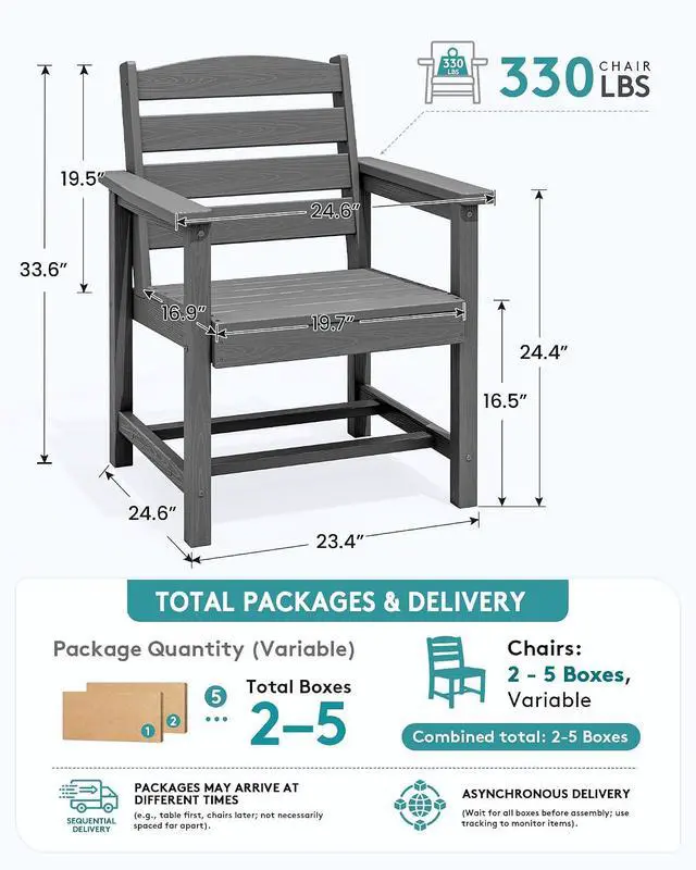 Alt view image 2 of 6 - Outdoor Dining Chairs Set of 2, All-Weather HDPE Patio Chair with 19.7" Widened Seat, for Backyard, Garden, Gray