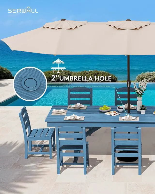 Alt view image 5 of 7 - 9 Piece Outdoor Dining Set, 84" HDPE Outdoor Table and Armless Chairs Set for 8All Weather Patio Furniture Set with Umbrella Hole for Backyard, Garden, Blue