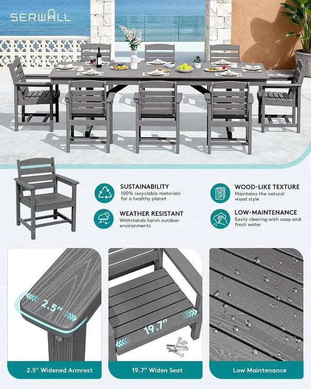 Alt view image 3 of 6 - Outdoor Dining Chairs Set of 2, All-Weather HDPE Patio Chair with 19.7" Widened Seat, for Backyard, Garden, Gray