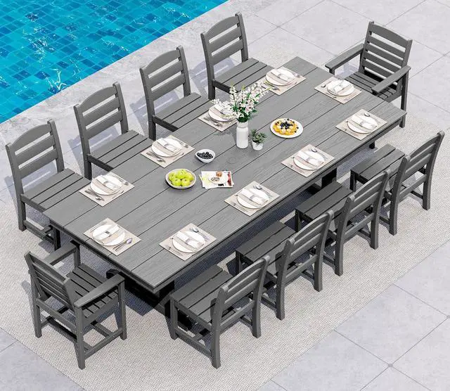Alt view image 4 of 6 - Outdoor Dining Chairs Set of 2, All-Weather HDPE Patio Chair with 19.7" Widened Seat, for Backyard, Garden, Gray