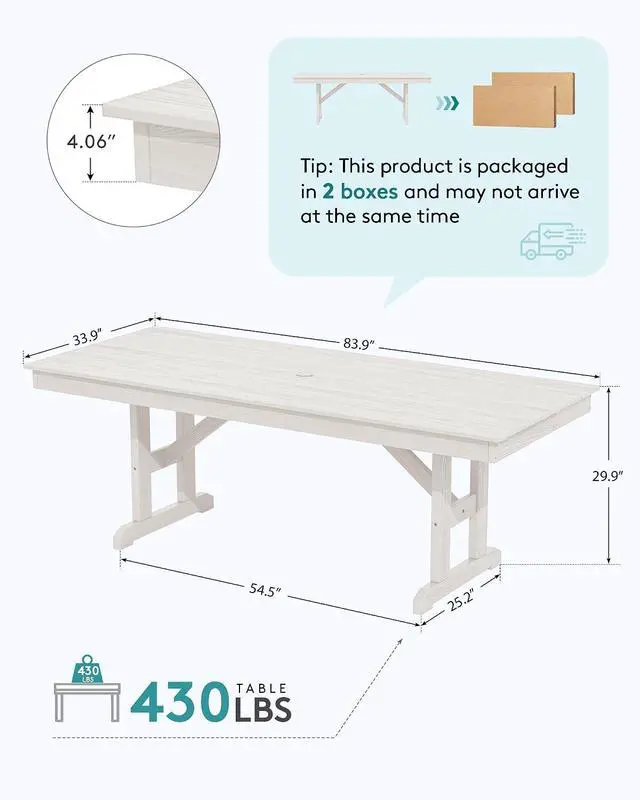 Alt view image 2 of 7 - Outdoor Large HDPE Dining Table, 84" Rectangular Dining Table for 6-8 Person, All Weather HDPE Outdoor Furniture for Backyard, Garden, White
