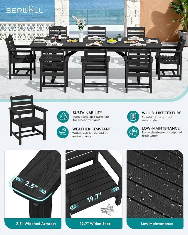 Alt view image 6 of 7 - 10 Piece Outdoor Dining Set with 15ft Triple-Head Foldable Umbrella(Based not Included), 84" HDPE Outdoor Table and Chairs for 8, Black