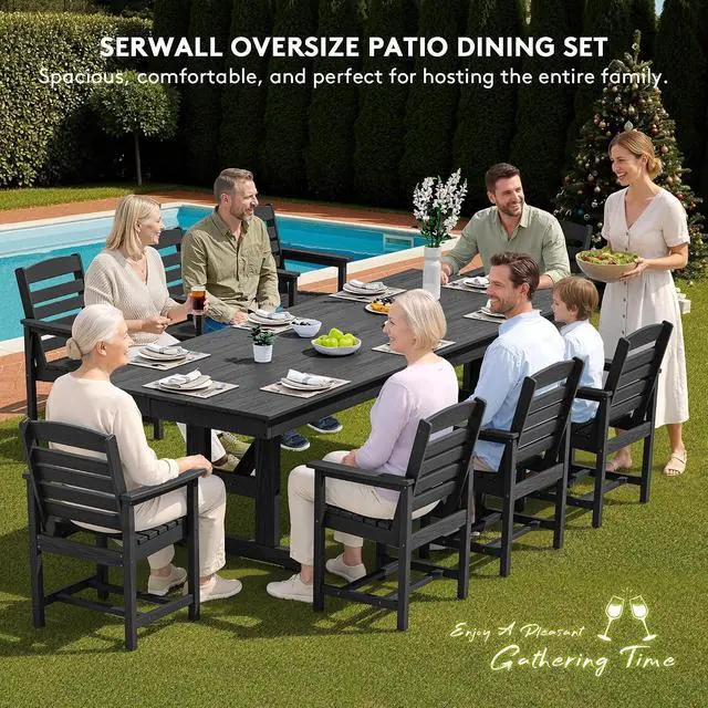 Alt view image 7 of 7 - 10 Piece Outdoor Dining Set with 15ft Triple-Head Foldable Umbrella(Based not Included), 84" HDPE Outdoor Table and Chairs for 8, Black