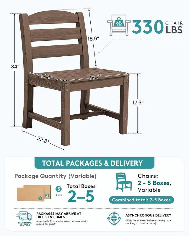 Alt view image 2 of 7 - Outdoor Armless Dining Chairs Set of 4, All-Weather HDPE Patio Dining Chair with 19.7" Widened Seat, for Backyard, Deck, Lawn and Garden, Brown