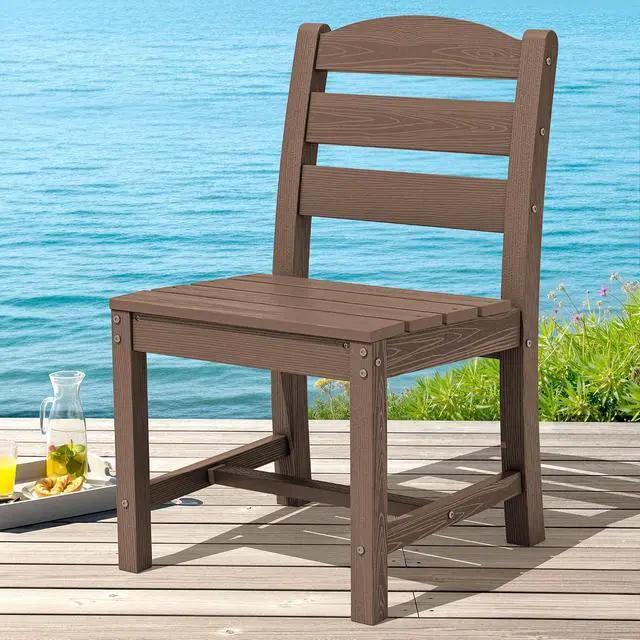 Alt view image 3 of 7 - Outdoor Armless Dining Chairs Set of 2, All-Weather HDPE Patio Chair with 19.7" Widened Seat, for Backyard, Garden, Brown