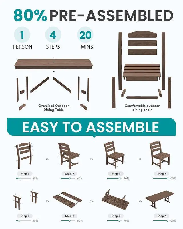 Alt view image 5 of 7 - 9 Piece Outdoor Dining Set, 84" HDPE Outdoor Table and Armless Chairs Set for 8All Weather Patio Furniture Set with Umbrella Hole for Backyard, Garden, Brown