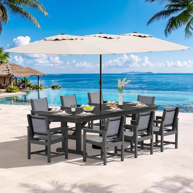 Main image of 10 Piece Outdoor Dining Set with 15ft Triple-Head Foldable Umbrella(Based not Included), 84" HDPE Outdoor Large Table and Textilene Sling Chairs for 8, Black