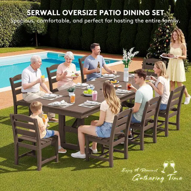 Alt view image 7 of 7 - 9 Piece Outdoor Dining Set, 84" HDPE Outdoor Table and Armless Chairs Set for 8All Weather Patio Furniture Set with Umbrella Hole for Backyard, Garden, Brown