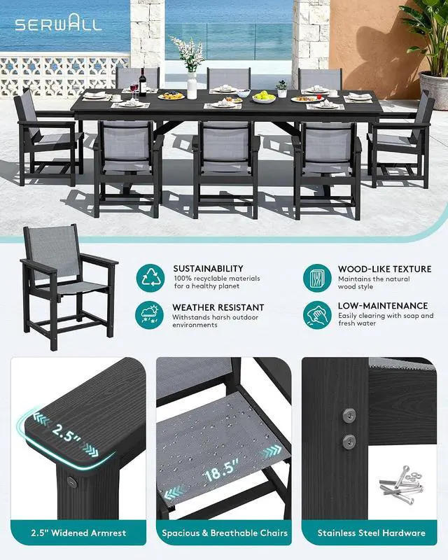 Alt view image 4 of 7 - 10 Piece Outdoor Dining Set with 15ft Triple-Head Foldable Umbrella(Based not Included), 84" HDPE Outdoor Large Table and Textilene Sling Chairs for 8, Black