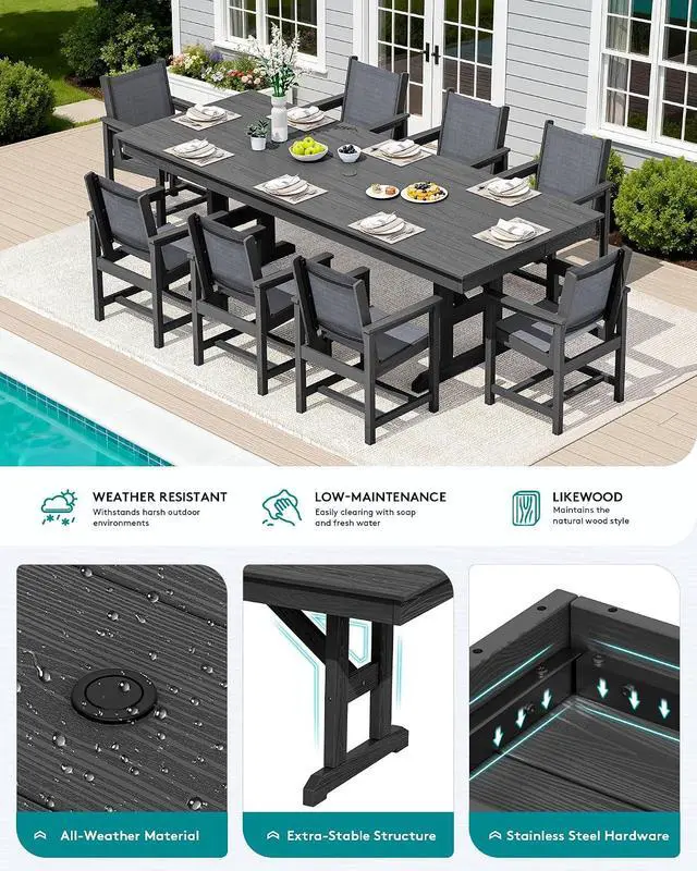 Alt view image 5 of 7 - 10 Piece Outdoor Dining Set with 15ft Triple-Head Foldable Umbrella(Based not Included), 84" HDPE Outdoor Large Table and Textilene Sling Chairs for 8, Black
