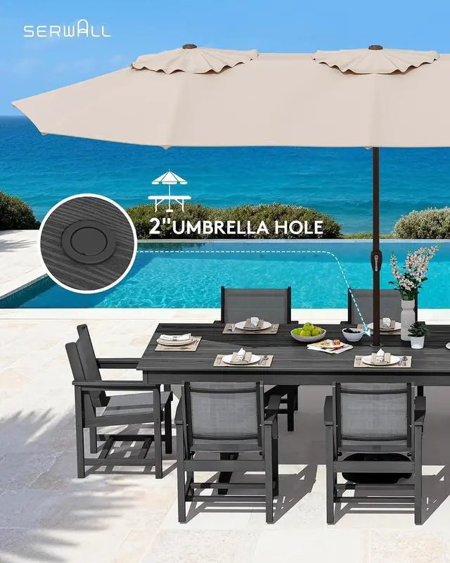 Alt view image 6 of 7 - 10 Piece Outdoor Dining Set with 15ft Triple-Head Foldable Umbrella(Based not Included), 84" HDPE Outdoor Large Table and Textilene Sling Chairs for 8, Black