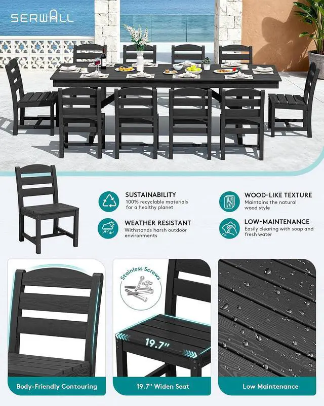 Alt view image 4 of 7 - 10 Piece Outdoor Dining Set with 15ft Triple-Head Foldable Umbrella(Based not Included), 84" HDPE Outdoor Table and Armless Chairs Set for 8, Black