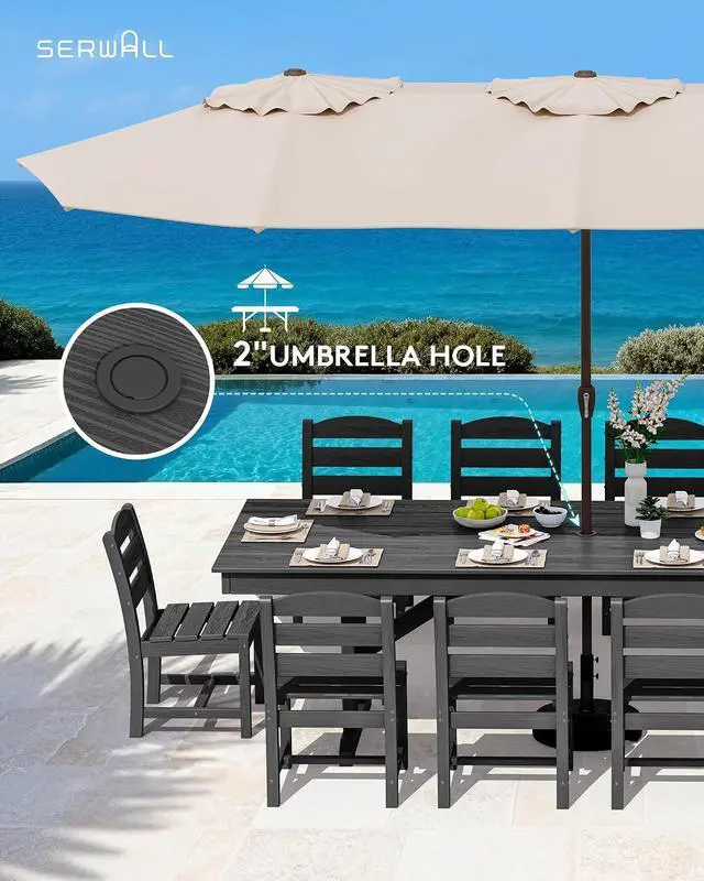 Alt view image 6 of 7 - 10 Piece Outdoor Dining Set with 15ft Triple-Head Foldable Umbrella(Based not Included), 84" HDPE Outdoor Table and Armless Chairs Set for 8, Black