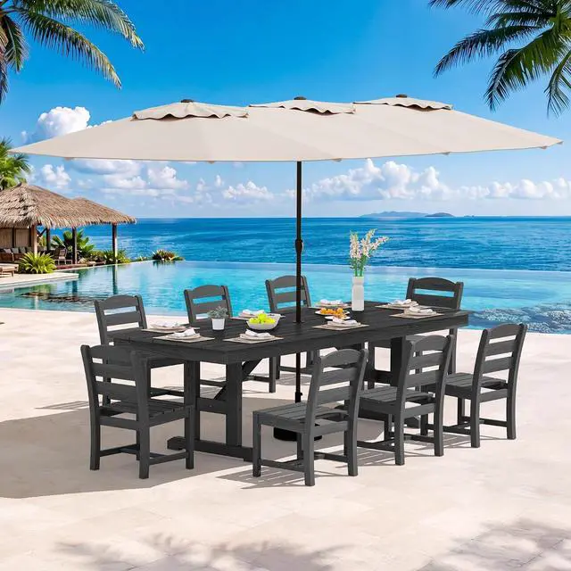 Main image of 10 Piece Outdoor Dining Set with 15ft Triple-Head Foldable Umbrella(Based not Included), 84" HDPE Outdoor Table and Armless Chairs Set for 8, Black