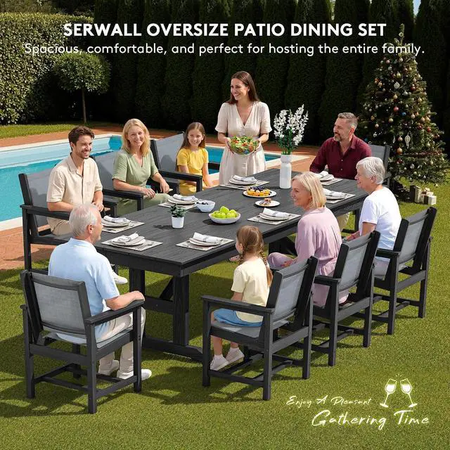Alt view image 7 of 7 - 10 Piece Outdoor Dining Set with 15ft Triple-Head Foldable Umbrella(Based not Included), 84" HDPE Outdoor Large Table and Textilene Sling Chairs for 8, Black