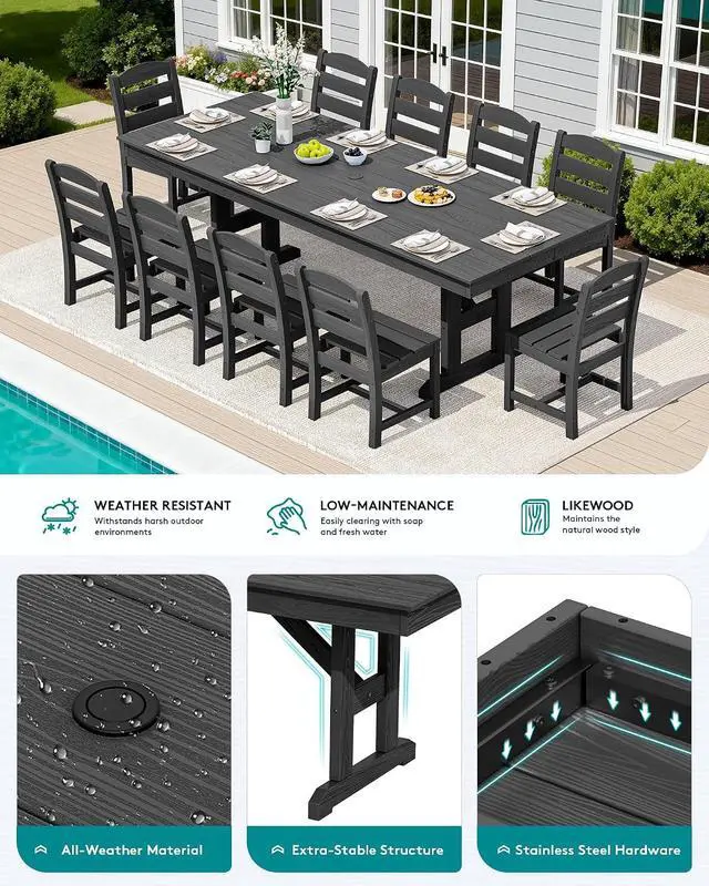 Alt view image 5 of 7 - 10 Piece Outdoor Dining Set with 15ft Triple-Head Foldable Umbrella(Based not Included), 84" HDPE Outdoor Table and Armless Chairs Set for 8, Black
