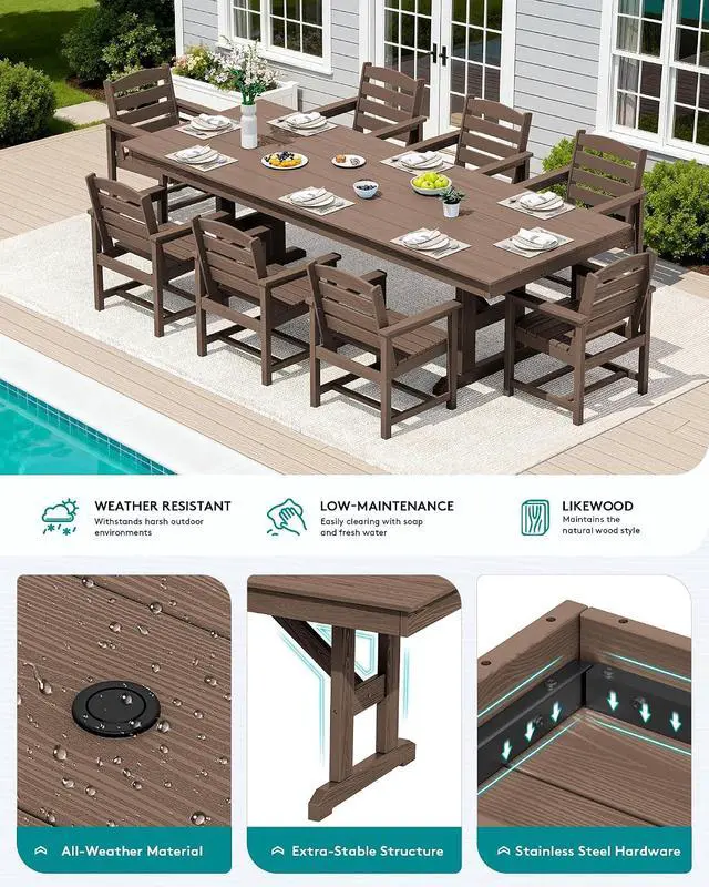 Alt view image 6 of 7 - 10 Piece Outdoor Dining Set with 15ft Triple-Head Foldable Umbrella(Based not Included), 84" HDPE Outdoor Table and Chairs for 8, Brown
