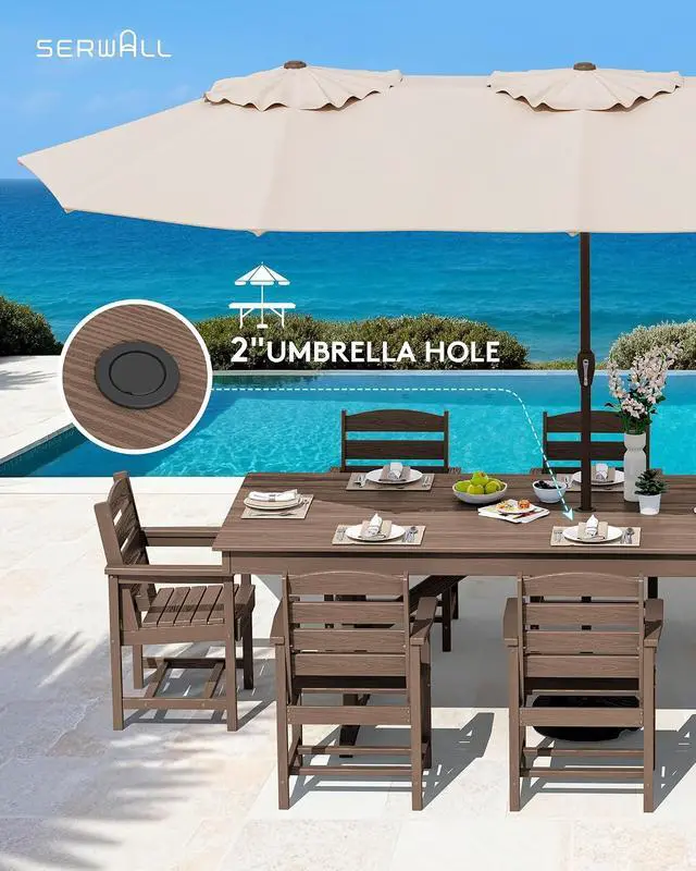 Alt view image 4 of 7 - 10 Piece Outdoor Dining Set with 15ft Triple-Head Foldable Umbrella(Based not Included), 84" HDPE Outdoor Table and Chairs for 8, Brown
