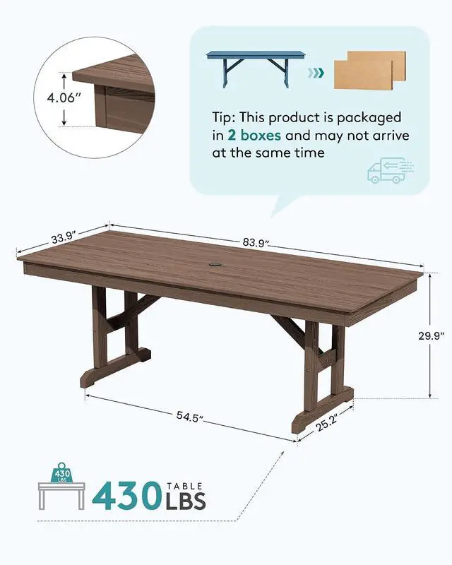 Alt view image 2 of 7 - Outdoor Dining Table, 84" Rectangular Dining Table for 6-8 Person, All Weather HDPE Patio Dining Table with Umbrella Hole for Backyard, Garden, Brown