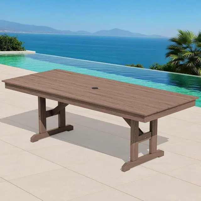 Alt view image 3 of 7 - Outdoor Dining Table, 84" Rectangular Dining Table for 6-8 Person, All Weather HDPE Patio Dining Table with Umbrella Hole for Backyard, Garden, Brown