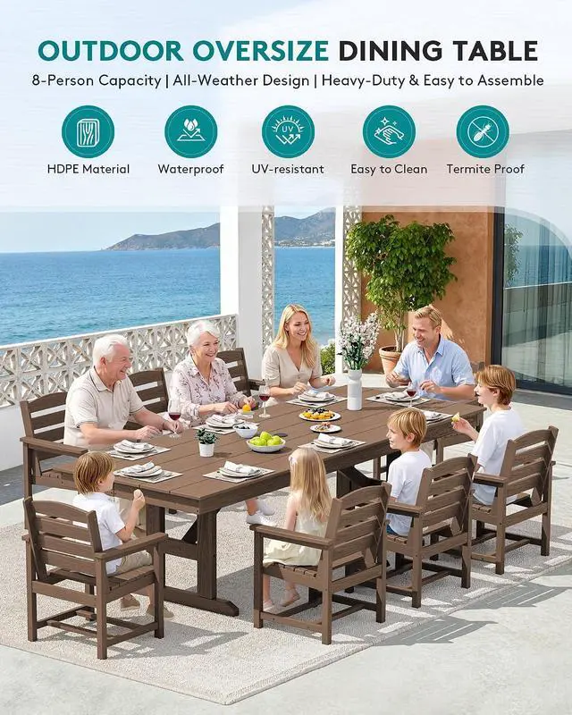Alt view image 7 of 7 - 9 Piece Outdoor Dining Set, 84" HDPE Large Patio Dining Furniture Set for 8, with Pre-drilled Umbrella Hole, Outdoor Tables and Chairs Set for Garden, Brown