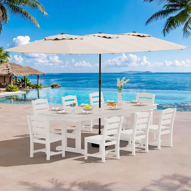 Main image of 10 Piece Outdoor Dining Set with 15ft Triple-Head Foldable Umbrella(Based not Included), 84" HDPE Outdoor Table and Armless Chairs Set for 8, White