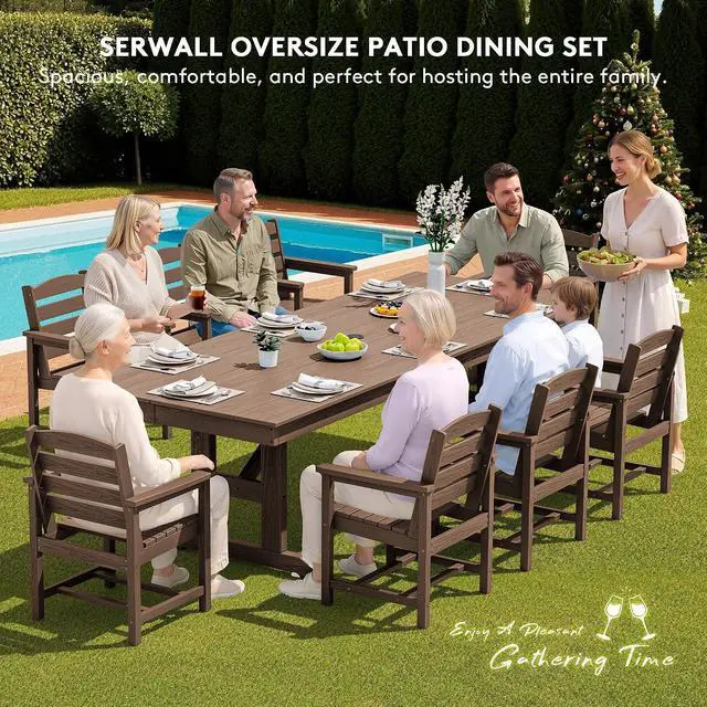 Alt view image 6 of 7 - 9 Piece Outdoor Dining Set, 84" HDPE Large Patio Dining Furniture Set for 8, with Pre-drilled Umbrella Hole, Outdoor Tables and Chairs Set for Garden, Brown