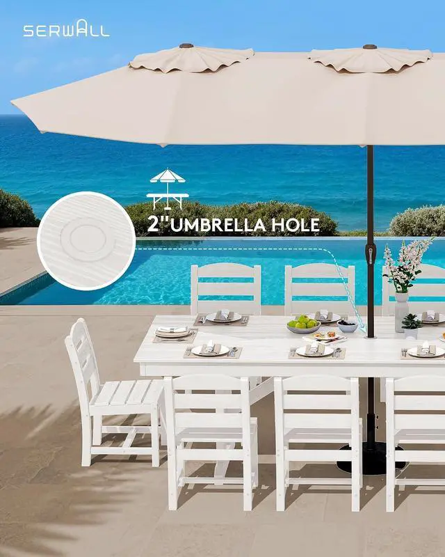 Alt view image 7 of 7 - 10 Piece Outdoor Dining Set with 15ft Triple-Head Foldable Umbrella(Based not Included), 84" HDPE Outdoor Table and Armless Chairs Set for 8, White