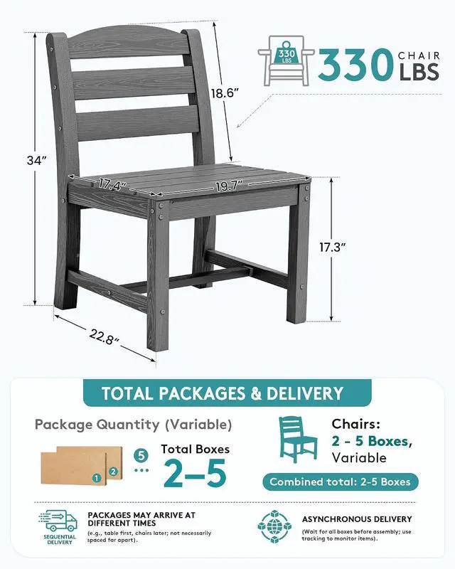 Alt view image 2 of 7 - Outdoor Armless Dining Chairs Set of 2, All-Weather HDPE Patio Chair with 19.7" Widened Seat, for Backyard, Garden, Gray