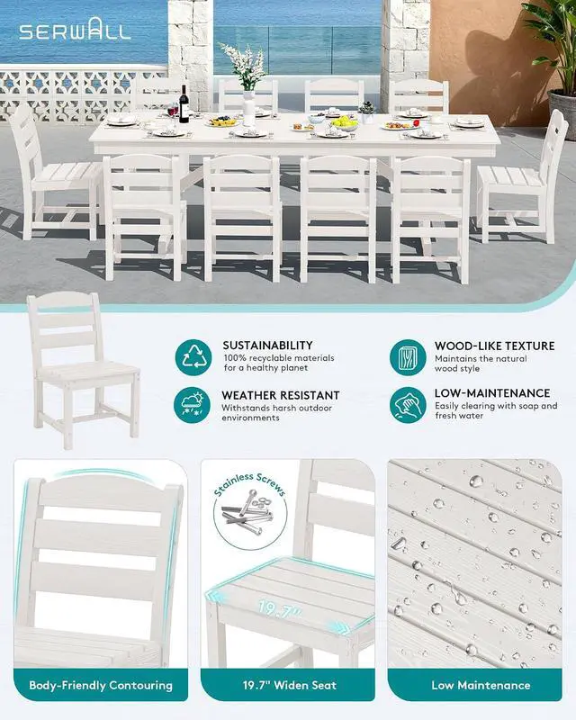 Alt view image 4 of 7 - 10 Piece Outdoor Dining Set with 15ft Triple-Head Foldable Umbrella(Based not Included), 84" HDPE Outdoor Table and Armless Chairs Set for 8, White