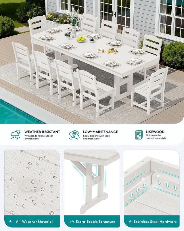 Alt view image 5 of 7 - 10 Piece Outdoor Dining Set with 15ft Triple-Head Foldable Umbrella(Based not Included), 84" HDPE Outdoor Table and Armless Chairs Set for 8, White