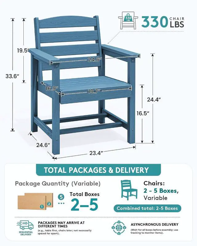 Alt view image 2 of 6 - Outdoor Dining Chairs Set of 2, All-Weather HDPE Patio Chair with 19.7" Widened Seat, for Backyard, Garden, Blue