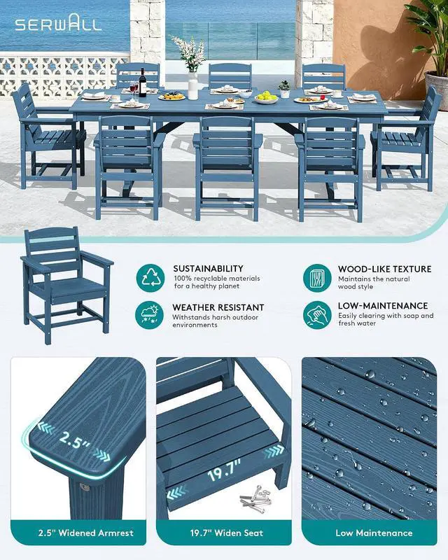 Alt view image 3 of 6 - Outdoor Dining Chairs Set of 2, All-Weather HDPE Patio Chair with 19.7" Widened Seat, for Backyard, Garden, Blue